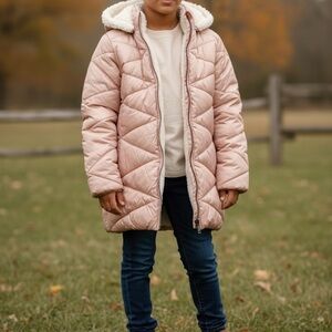 Kids' Beige Puffer Jacket with Fur Lined Cream Hood